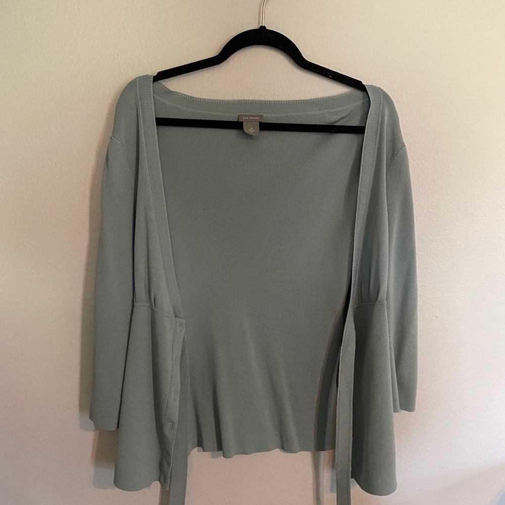 Button Up Muted Blue Cardigan with Tie